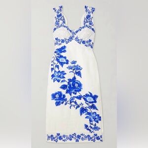 FARM Rio Cascade Wavy White Midi Dress with Blue Floral Motif
